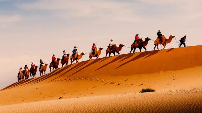 Khách du lịch cưỡi lạc đà trên sa mạc Tengger.