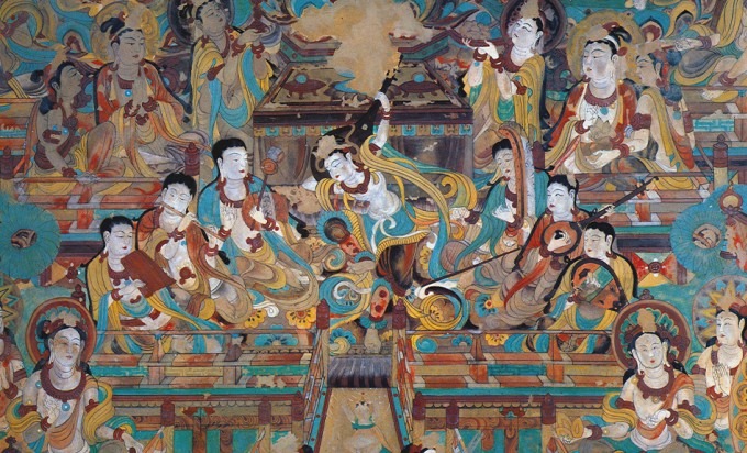 Một bức họa trong hang, miêu tả lại cảnh mọi người vừa nhảy múa vừa chơi đàn.